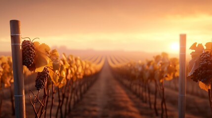 Obraz premium A serene vineyard at sunset, showcasing ripe grapes and rows of vines stretching toward the horizon.