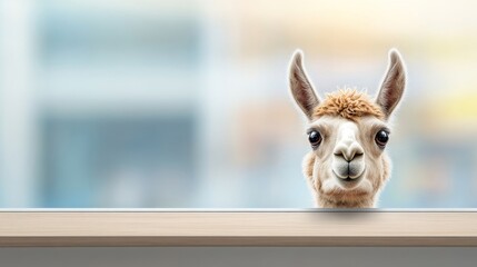 Charming Llama Peeking Over Wooden Surface with Soft Background Blur