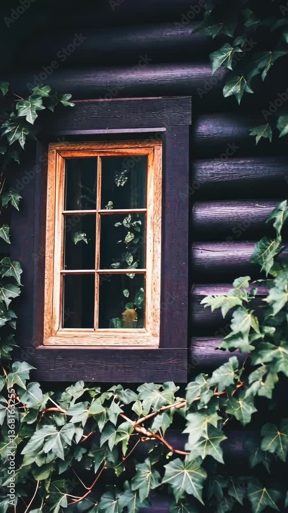 Poster window adorned with ivy on a rustic cabin in a serene forest setting during daylight hours