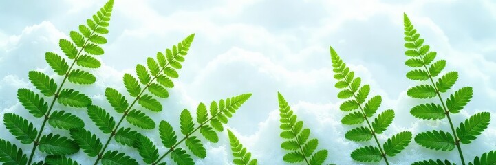 Delicate fern fronds scattered on a snowy white surface, nature, foliage