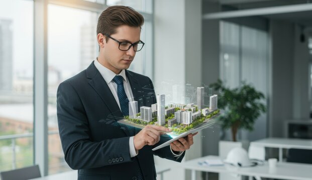 Caucasian businessman holding tablet displaying urban architectural model in modern office. Concepts: innovation, sustainability.