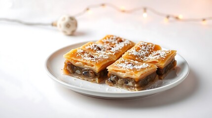 Delicious Nutty Baklava Squares with Powdered Sugar - Middle Eastern Dessert