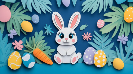Papercraft Easter bunny surrounded by eggs, flowers, and tropical leaves on a blue background