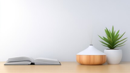 Elegant Minimalist Workspace With Open Book and Aromatherapy Diffuser