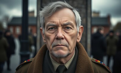 Serious elderly man in military coat