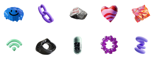 3D Elements Set – Bright Colors, Balloons, Chain, Foil, Wi-Fi, Pill