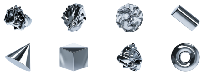 3D Metallic Shapes Set – Cube, Cone, Sphere, Vibrating Layer