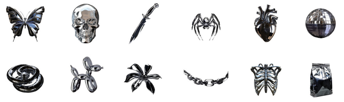  Chrome 3D Object Set &ndash; Skull, Butterfly, Knife, Spider, Heart, Disco Ball, Snake, Balloon, Bag, Chain