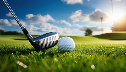 golf ball and club on green grass with a blue sky and clouds in the background the lighting is cinematic with soft high quality details