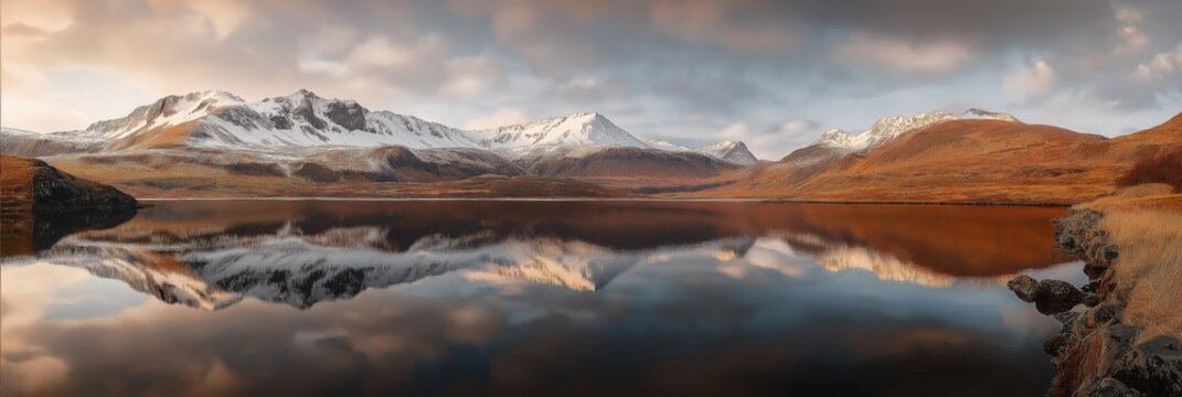 A wide panoramic landscape of a serene Icelandic fjord, featuring a calm lake reflecting snow-capped mountains