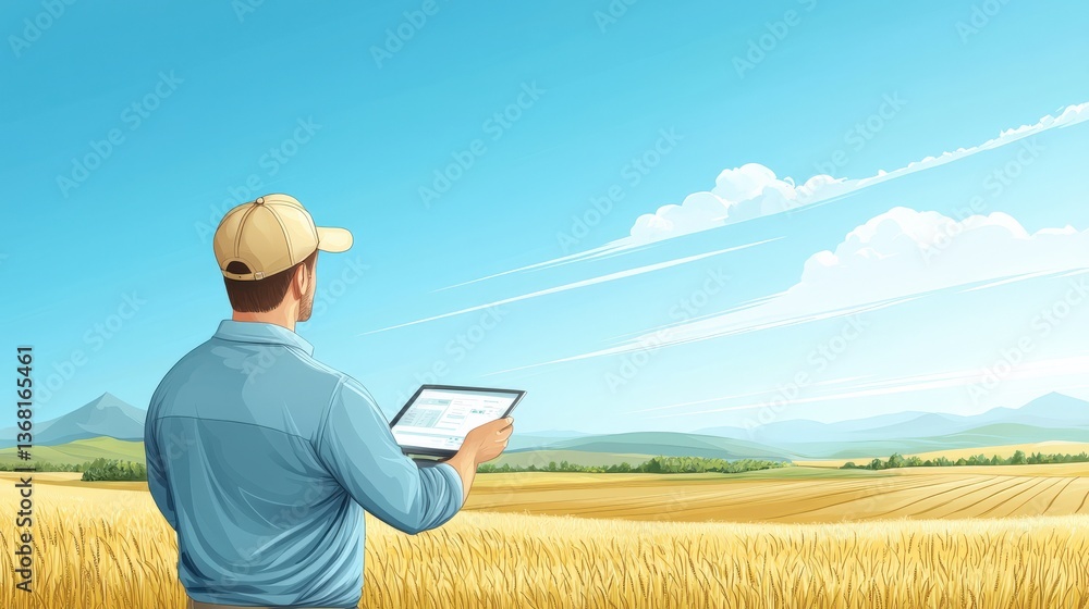 Poster a man is standing in a field with a tablet in his hand. he is looking at the screen