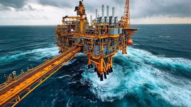 Offshore oil rig in rough sea, industrial platform, energy production, aerial view