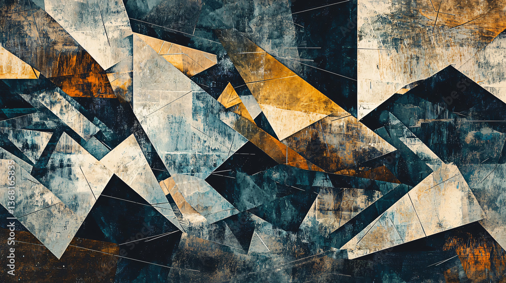 Poster intricate abstract design featuring overlapping fragmented geometric shapes in a dynamic composition