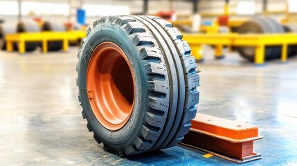 Industrial equipment action heavy tire in manufacturing facility product showcase indoor close-up mechanical concept