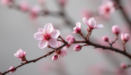 Fototapeta premium Zen Floral Serenity Design a calm and serene image of minimalist flowers, focusing on a few delicate blooms like cherry blossoms, set in a tranquil, monochromatic background.