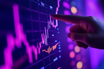 Hand pointing at a rising stock market graph with candlestick charts, a purple gradient, and digital finance data.