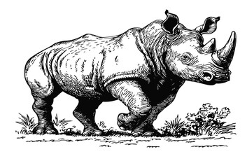 Fototapeta premium Vector detailed black and white illustration of a rhinoceros in a natural setting, showcasing its strength and majesty. Isolate on white background, commercial use