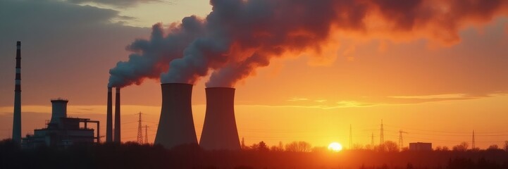 Fototapeta premium Industrial Chimneys Emitting Smoke Against Sunset, Fossil Fuel Pollution, Climate Change Impact