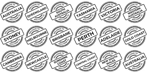 Collection of Welcome stamps from Australia. Black grunge rubber stamp, vintage travel stamp on transparent background, vector illustration