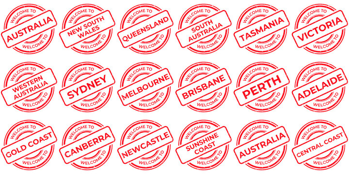 Collection of Welcome stamps from Australia. Red grunge rubber stamp, vintage travel stamp on transparent background, vector illustration