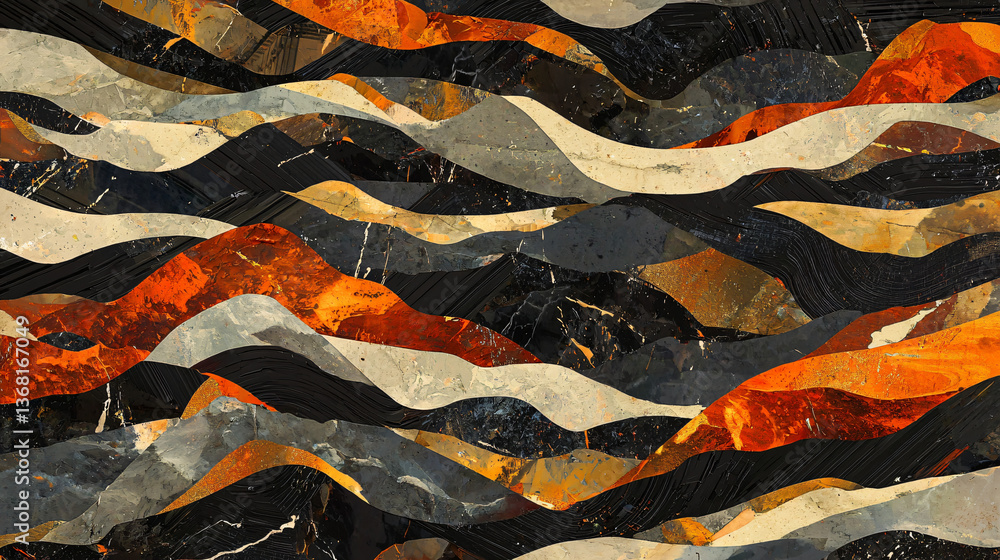 Poster Bold pattern of orange and black colors with dynamic overlapping shapes creating a striking visual experience in abstract art.