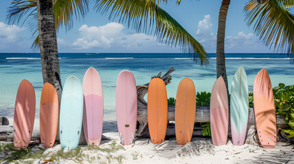 surfboards leaning against palm trees on the beach, clear blue water and white sand in view. The surfboards have pastel colors like peach or light orange, creating an aesthetic vibe for summer travel 