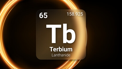 Terbium (Tb) (065) Lanthanide, Glass Morphism Element Futuristic Neon Light Glow Background Periodic Table, Chemical Symbol, Name, Atomic Mass, Atomic Number, Vector Illustration