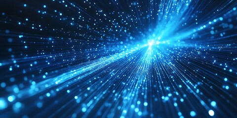 dynamic abstract background of glowing blue light streaks and particles moving through a dark space