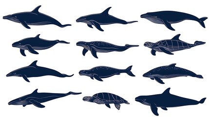 Several different illustrations of marine animals swimming gracefully together