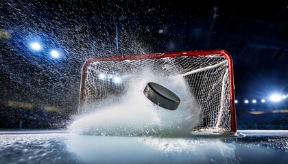 a hockey puck frozen in mid air as it smashes into the goal net with tiny ice particles flying in slow motion and the tension of the impact clearly visible