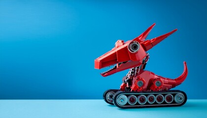 red robotic dinosaur toy against vibrant blue background