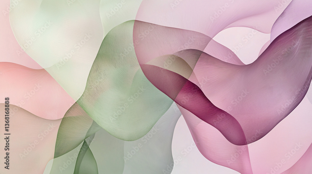 Poster soft and serene pink and green abstract background with layered shapes creating a calming atmosphere