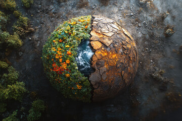 3D globe highlights the contrast. One half features vibrant ecosystems brimming with wildlife and healthy nature, while the other displays a dry, cracked landscape with dying trees