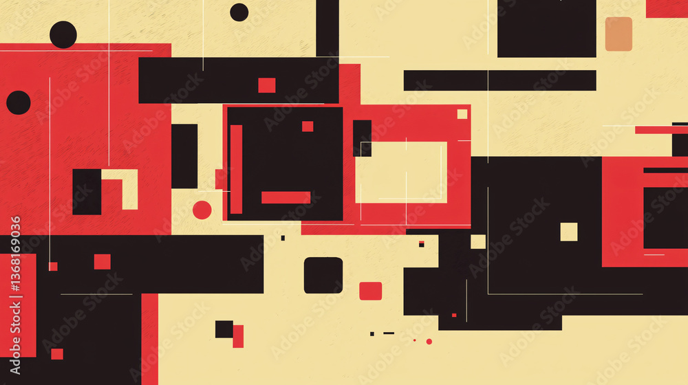 Poster captivating red and black abstract pattern with overlapping squares and rectangles creating a dramat