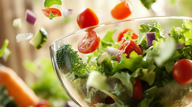 Fresh vegetables cascading into a salad bowl, embodying simplicity and health.