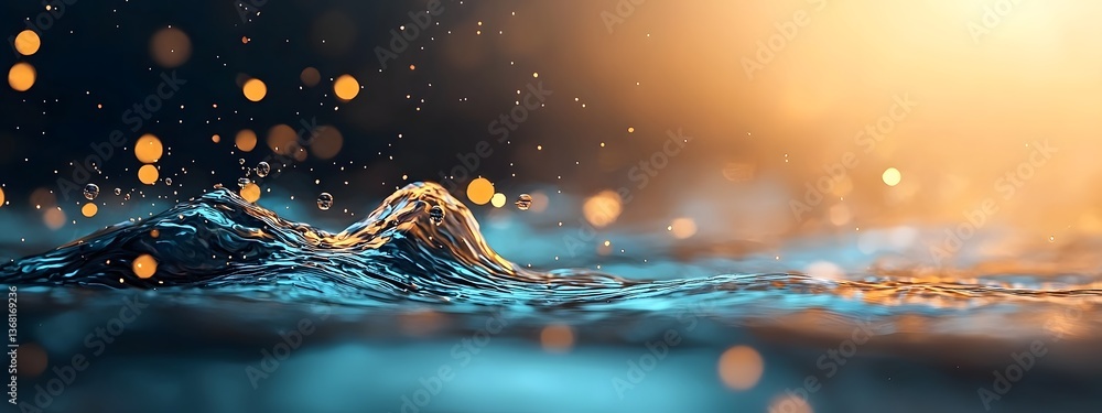 Poster dynamic digital waves of blue light cascading over a monochrome technological landscape featuring in