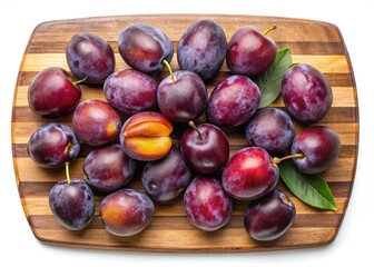 Fototapeta premium A wooden cutting board filled with fresh ripe plums ready for eating