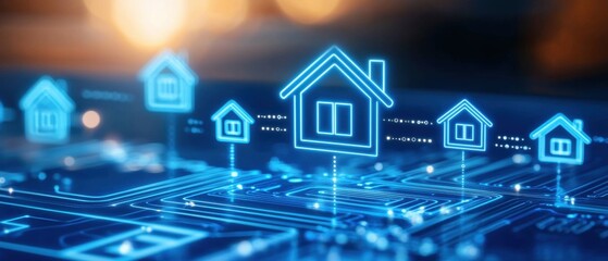 Naklejka premium Home security system and digital control. Digital representation of homes interconnected with technology and data visualization.