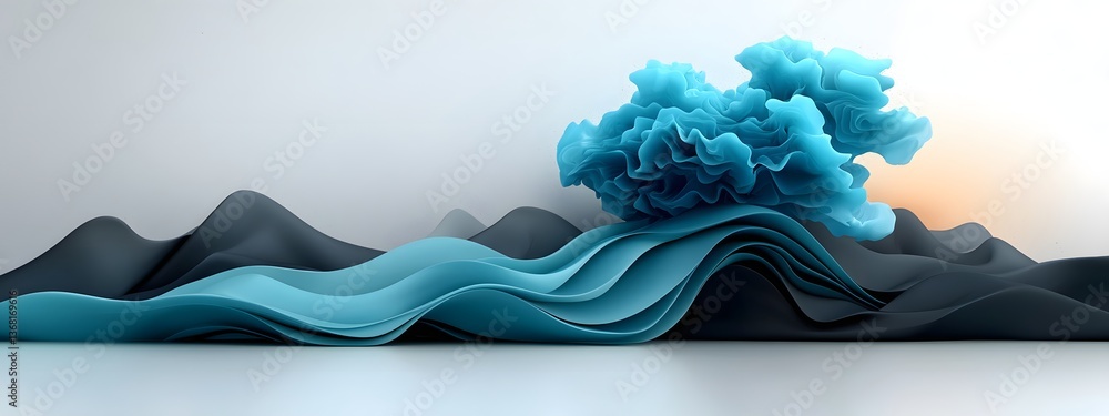 Poster enchanting digital waves ebbing and flowing across a stark black and white plane symbolizing the rhy