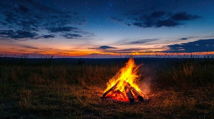 Campfire glows at dusk, stars fill the night sky, nature basks in warm light, a serene wilderness moment.