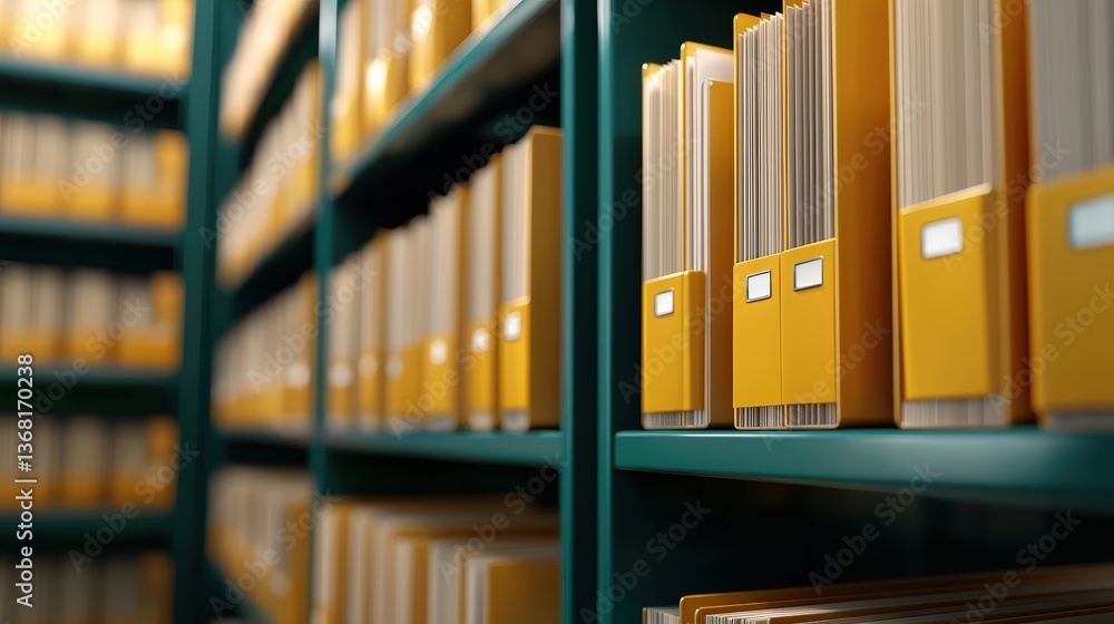 Poster a neatly organized archive of files in yellow folders on shelves, showcasing an efficient storage sy