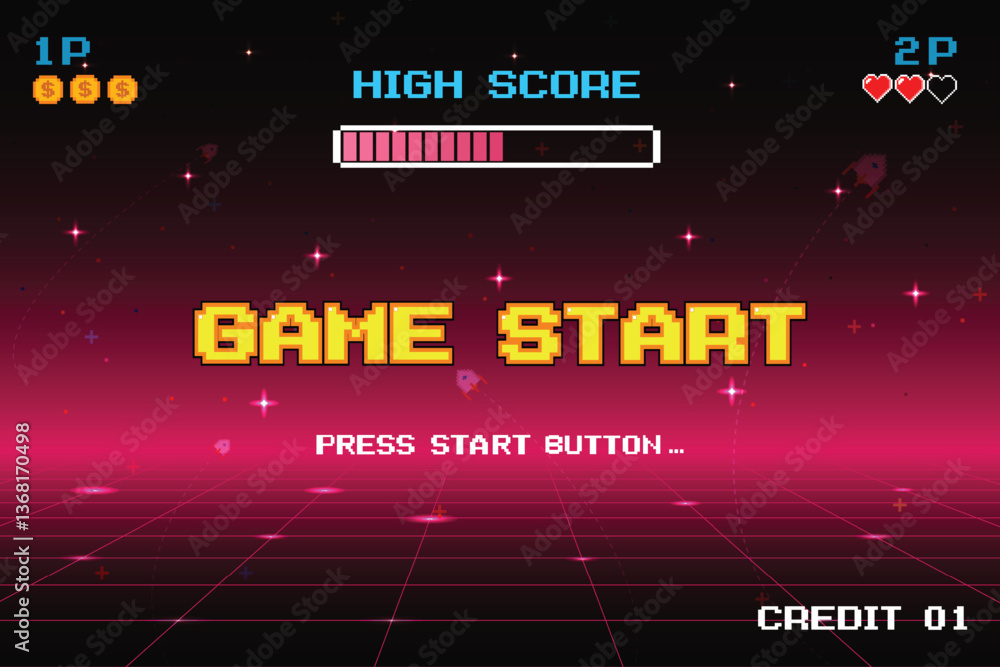 Poster game start. pixel art. 8 bit game. retro game. for game assets in vector illustrations. arcade gamin