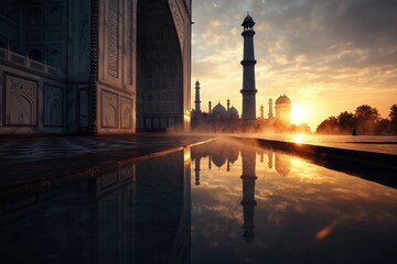 Fototapeta premium Majestic taj mahal at sunrise iconic landmark reflection agra photography tranquil environment low angle view famous landmarks captured in soft golden light