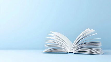 Open book with blank pages on a light blue background
