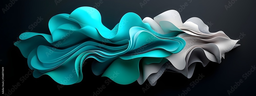 Poster flowing pulsating digital waves of deep azure and indigo undulating over a stark black and white bac