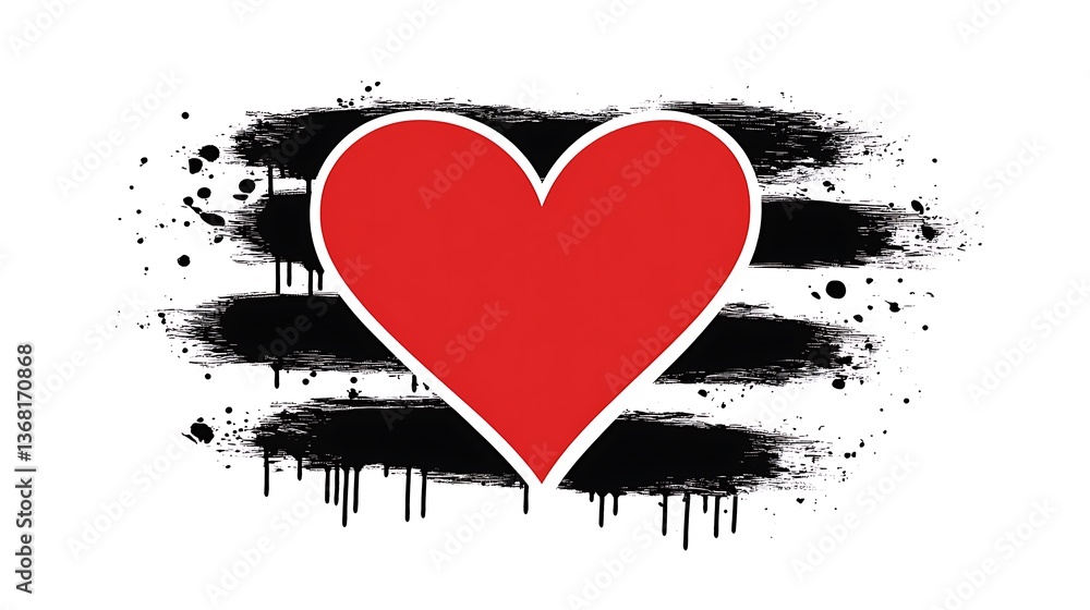 Aufkleber a simple red heart on abstract black brushstroke background