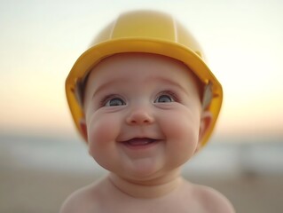 Adorable baby wearing a yellow construction helmet and smiling happily