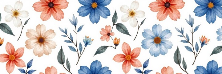 Vibrant peach and blue flowers in a watercolor style seamless pattern, artistic, colorful, nature