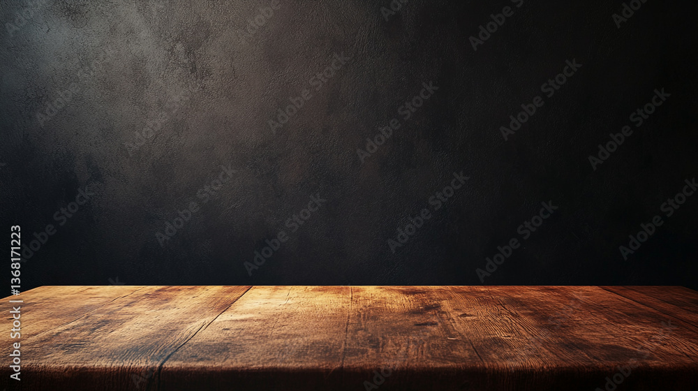 Poster a rustic wooden table surface against a dark textured wall in a dimly lit studio setting scene