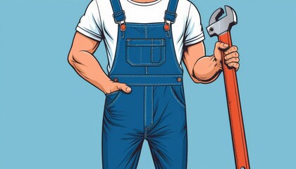A muscular man in blue overalls holds a tool, exuding a sense of readiness for repair work, perfect for construction and DIY themes.